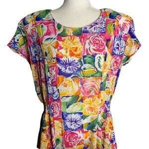 Vintage 80s Chaus Floral Dolman Sleeve Maxi Dress 16 White Pink Shoulder Pads